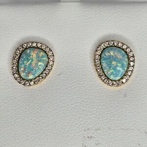 New 18K Gold over Sterling‎ Silver Lab Created Opal Halo Stud Earrings